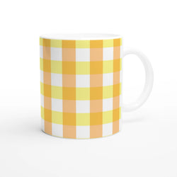 Yellow gingham ceramic mug with a white handle; cute checkered coffee cup for home, office, or gifting.