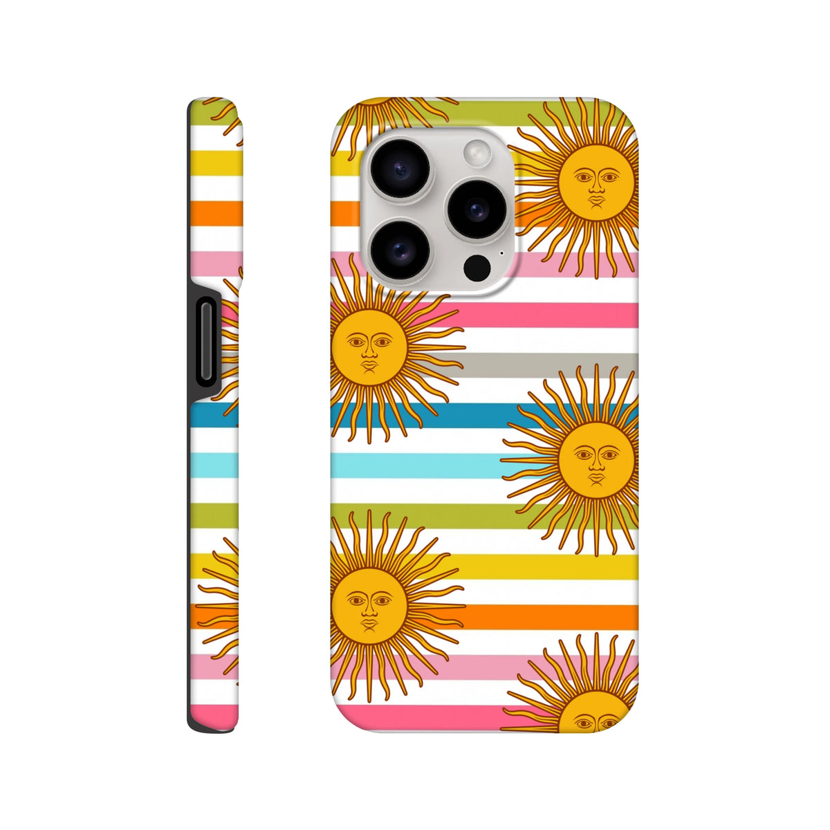 Retro celestial phone case featuring golden sun faces with stripes on a tough iPhone cover for daily protection and gold-hour style.