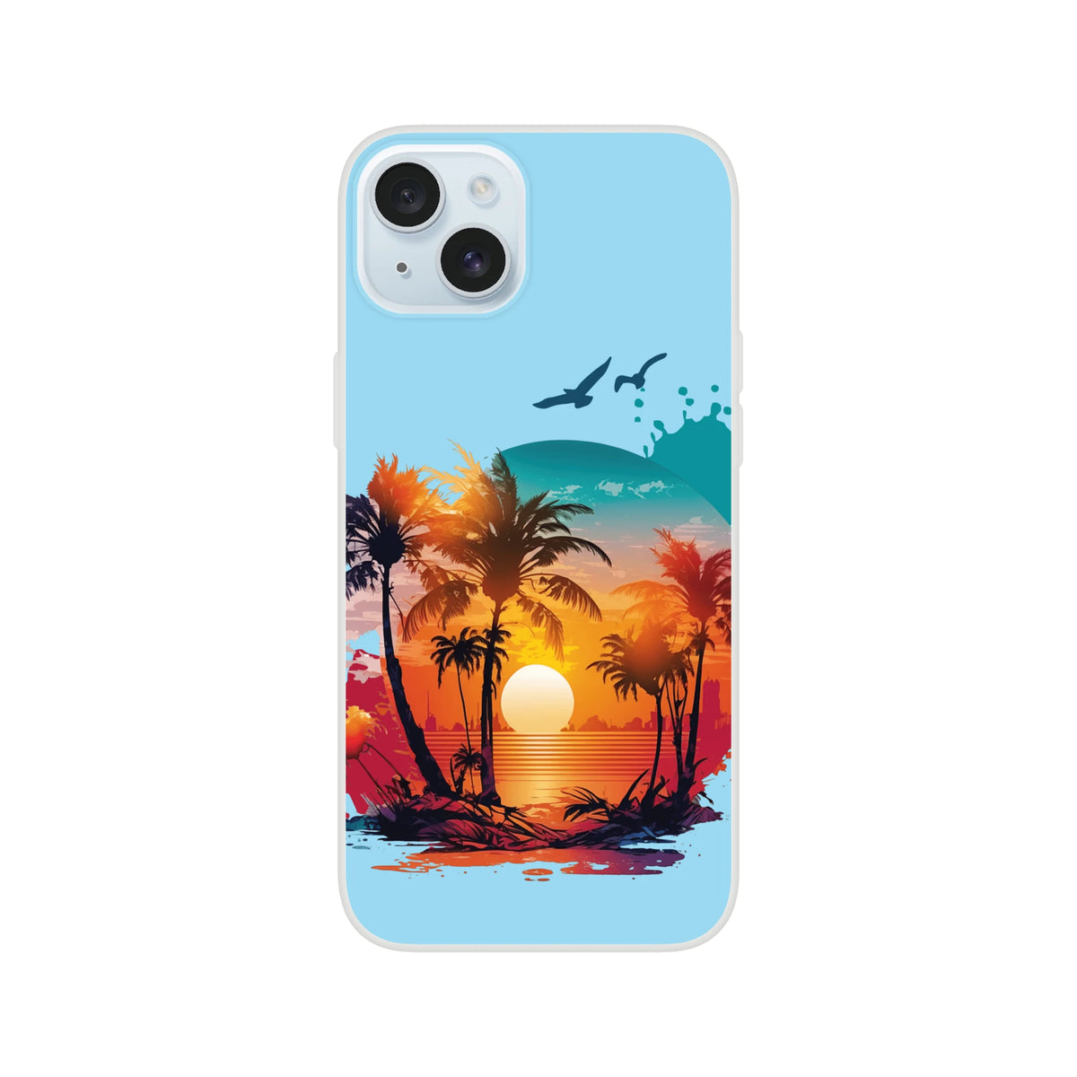 Light-blue iPhone case with a sunset palm-tree beach scene, Y2K aesthetic for iPhone 13–16.
