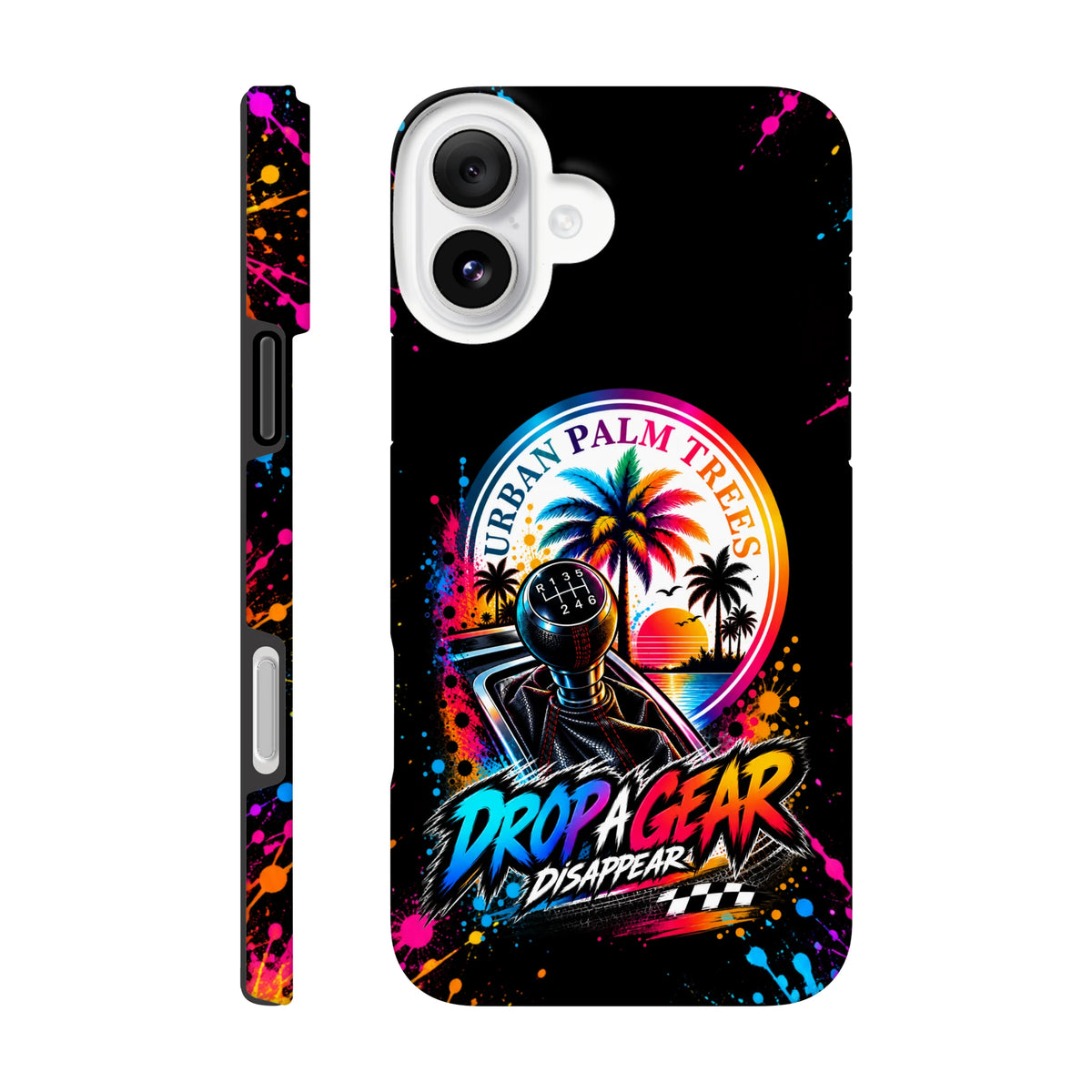 Petrolhead iPhone case featuring a gear shift knob, "Urban Palm Trees" sunset graphic, and colorful paint splatters on a black background.