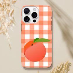 Orange and white gingham iPhone case featuring a large peach illustration with retro checkered pattern design.