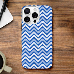 Blue and white retro zigzag iPhone case with glossy finish and shock-absorbing TPU protection for daily impact resistance.