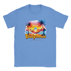 Blue retro California T-shirt for women featuring sunset palm trees, hammock, and beach scene.