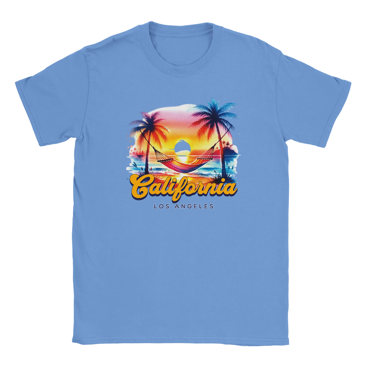 Blue retro California T-shirt for women featuring sunset palm trees, hammock, and beach scene.