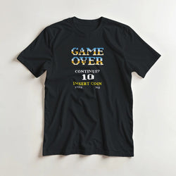 Black men's retro gamer graphic tee, sizes S-XL, with pixel GAME OVER arcade print: Continue? 10, Insert Coin.