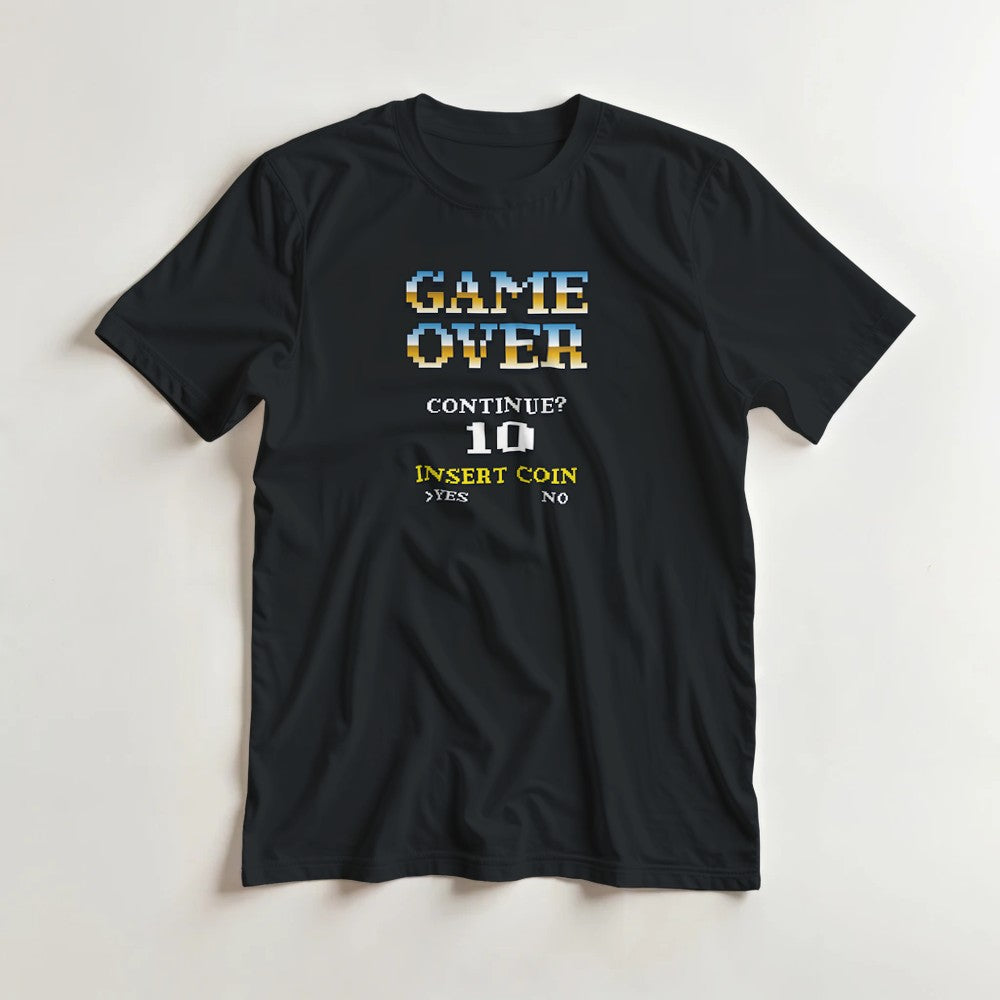 Black men's retro gamer graphic tee, sizes S-XL, with pixel GAME OVER arcade print: Continue? 10, Insert Coin.