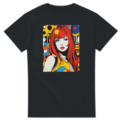 Black men's t-shirt featuring a bold retro pop art print of a red-headed woman surrounded by colorful geometric shapes and 70s streetwear patterns.