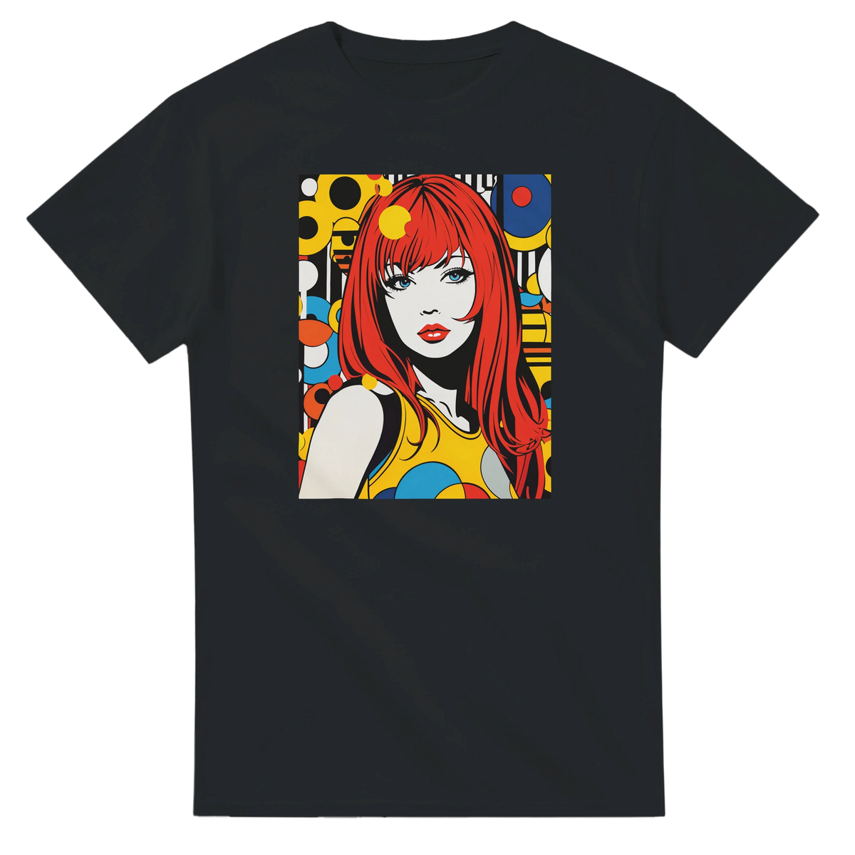 Black men's t-shirt featuring a bold retro pop art print of a red-headed woman surrounded by colorful geometric shapes and 70s streetwear patterns.