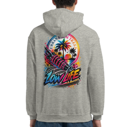 Grey Low Life car culture hoodie back with colorful shock absorber graphic, palm trees, and Urban Palm Trees text.