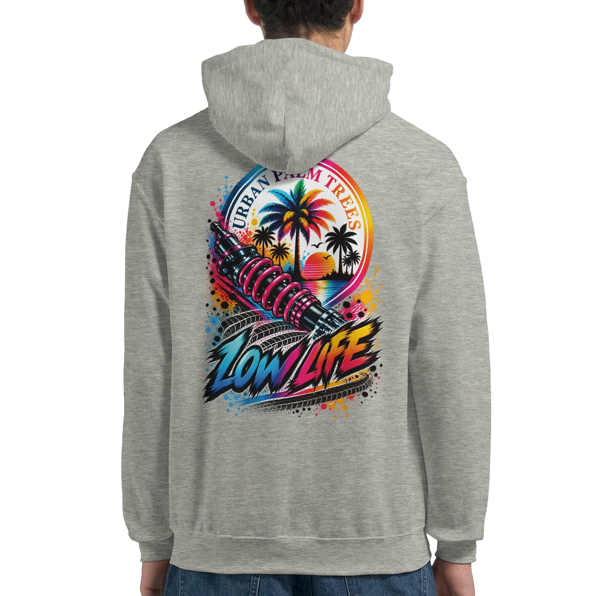 Grey Low Life car culture hoodie back with colorful shock absorber graphic, palm trees, and Urban Palm Trees text.