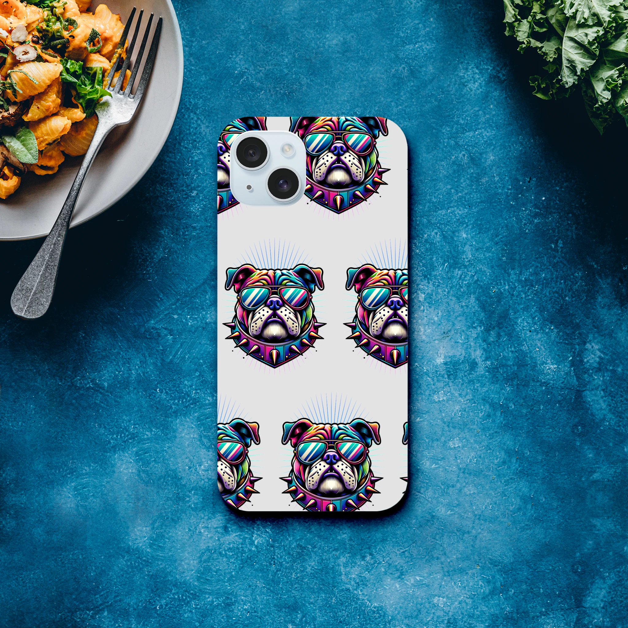 Colorful bulldog case with sunglasses and spiked collar; wraparound print for iPhone 16/15/14/13, dual-layer protection