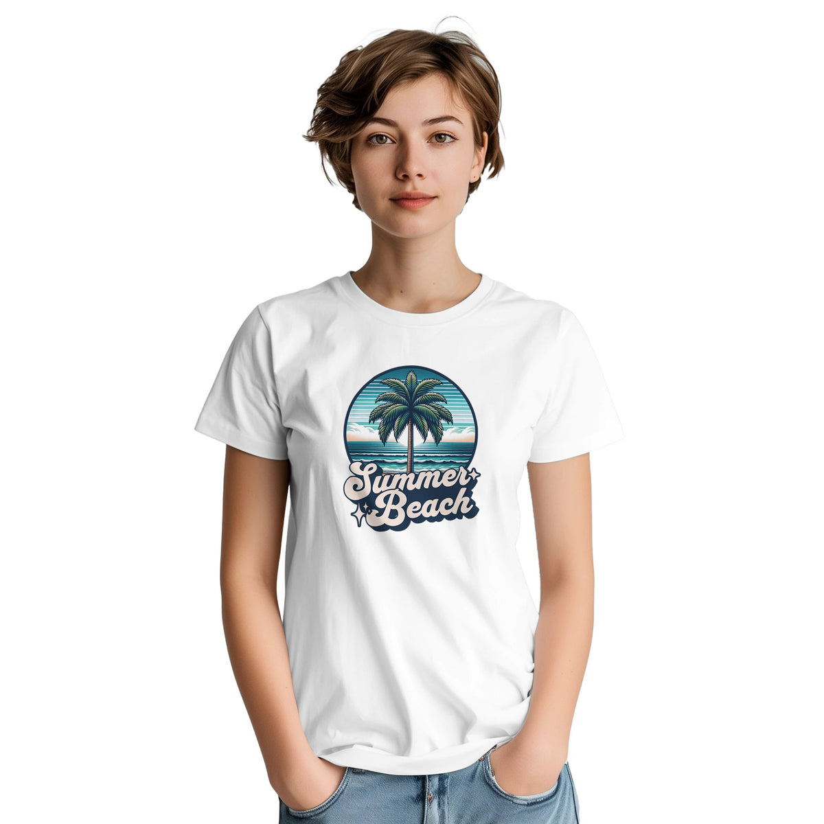 Woman wearing white tropical beach graphic T-shirt with circular palm-tree sunset and Summer Beach design.