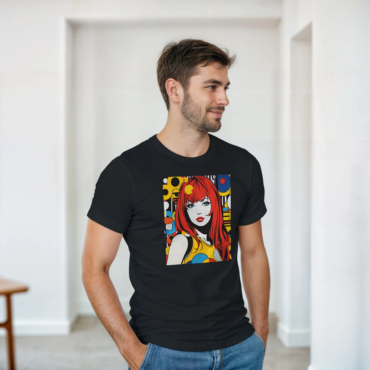 Black men's t-shirt featuring a colourful retro pop art girl print with red hair and 70s streetwear geometric patterns.