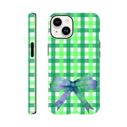 Green gingham iPhone case featuring a purple polka-dot bow with seamless wraparound print for a cute coquette aesthetic.