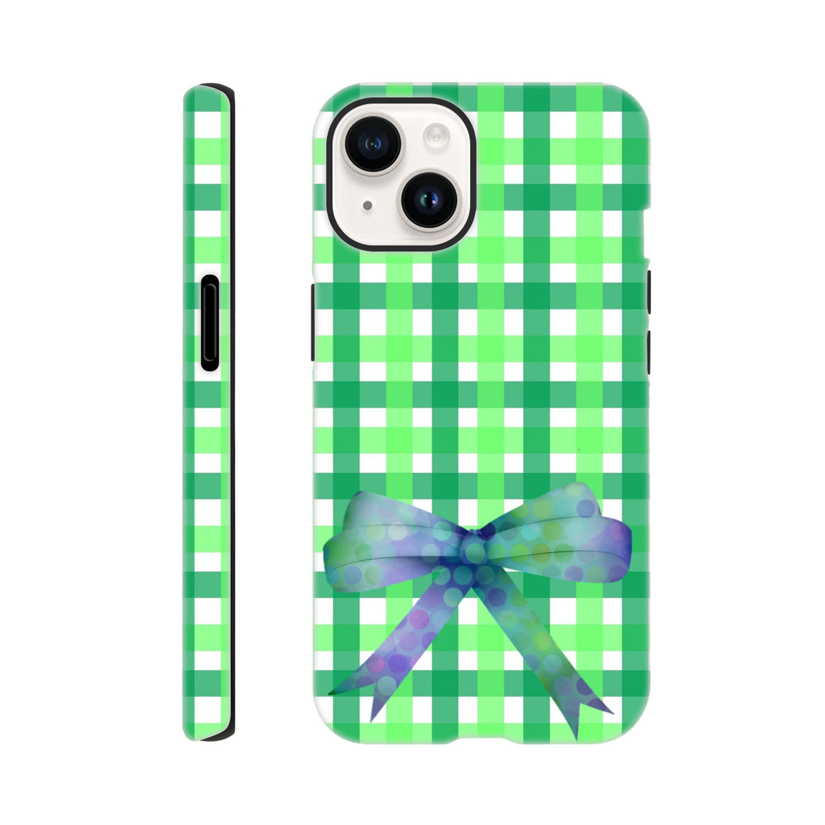 Green gingham iPhone case featuring a purple polka-dot bow with seamless wraparound print for a cute coquette aesthetic.
