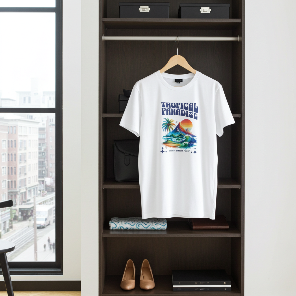 White t-shirt with a colorful graphic design hanging on a wooden hanger in a closet.