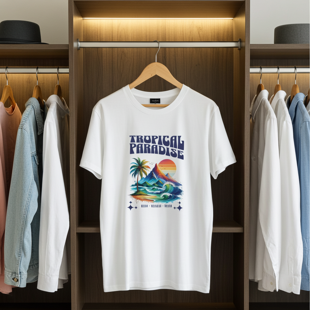 White t-shirt with 'Tropical Paradise' design hanging in a wardrobe with other clothes.