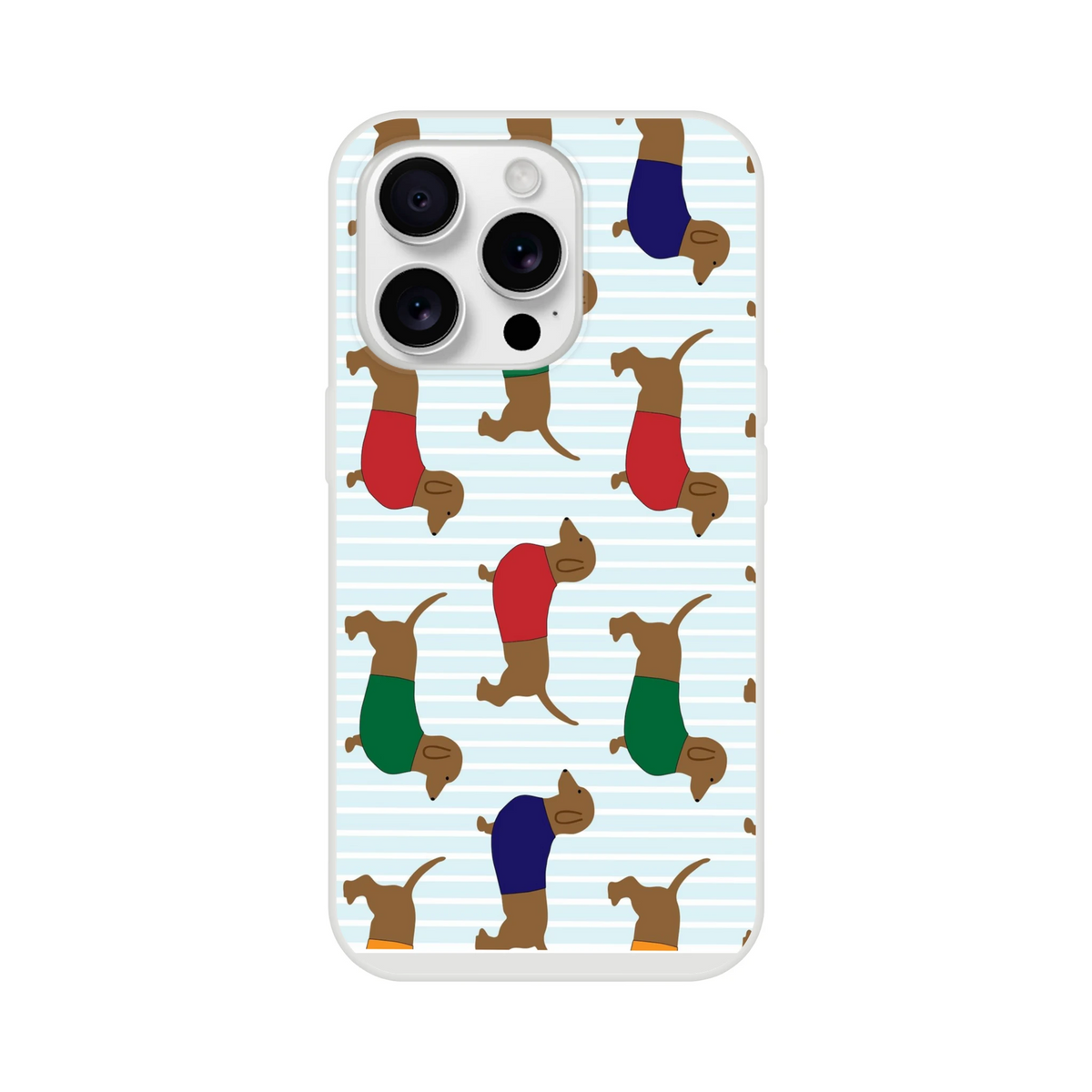 Cute sausage-dog iPhone case (13-16) with dachshund pattern on light blue stripes.