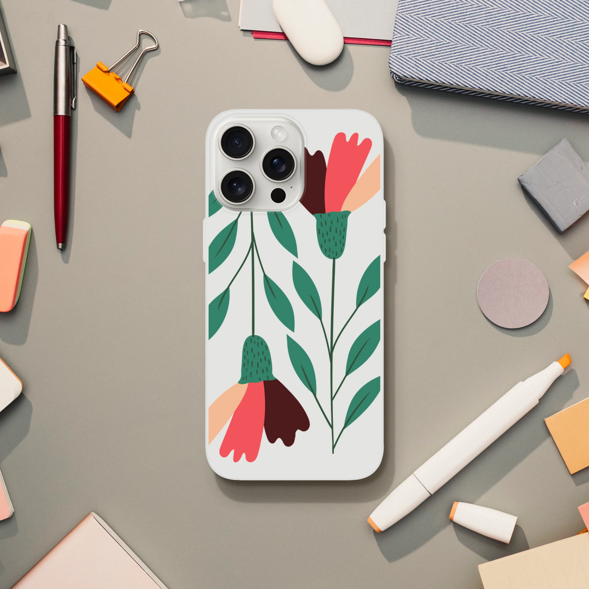 Floral slim protective case for iPhone 13-16 with frosted transparent shell and leafy blossoms.