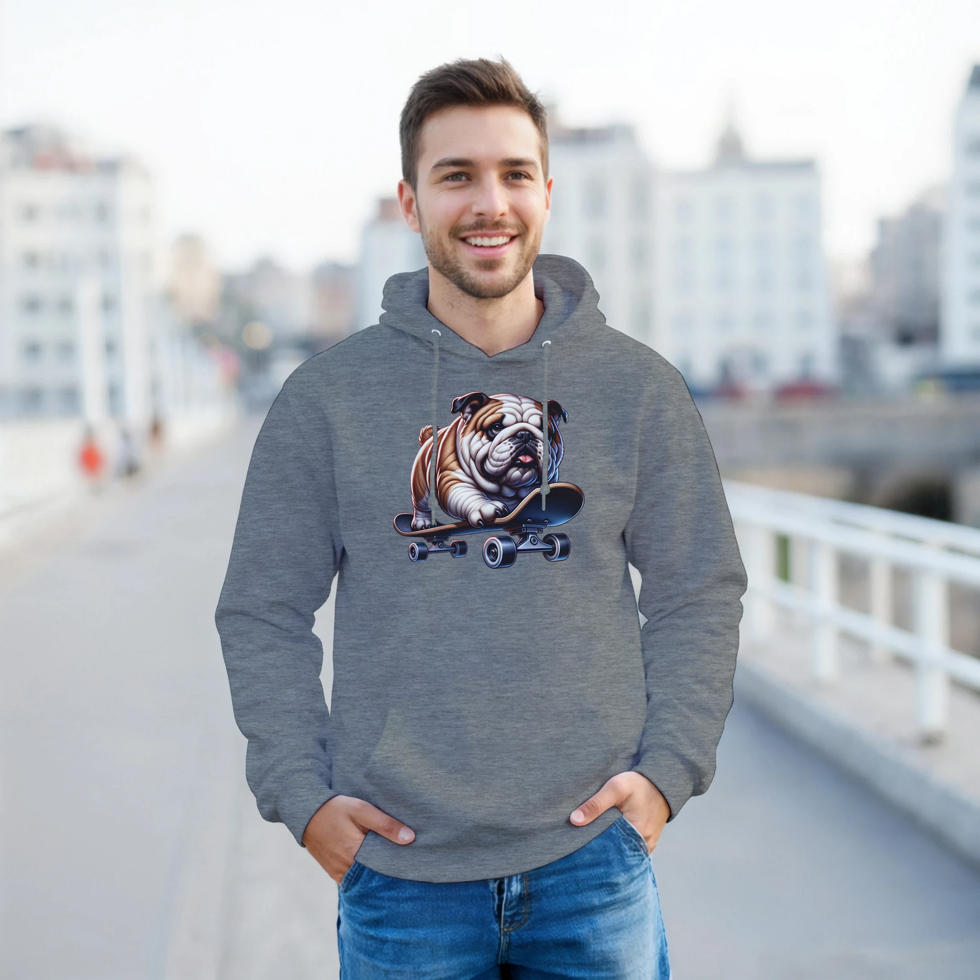 Man wearing gray hoodie with a bulldog riding a skateboard graphic on the chest.