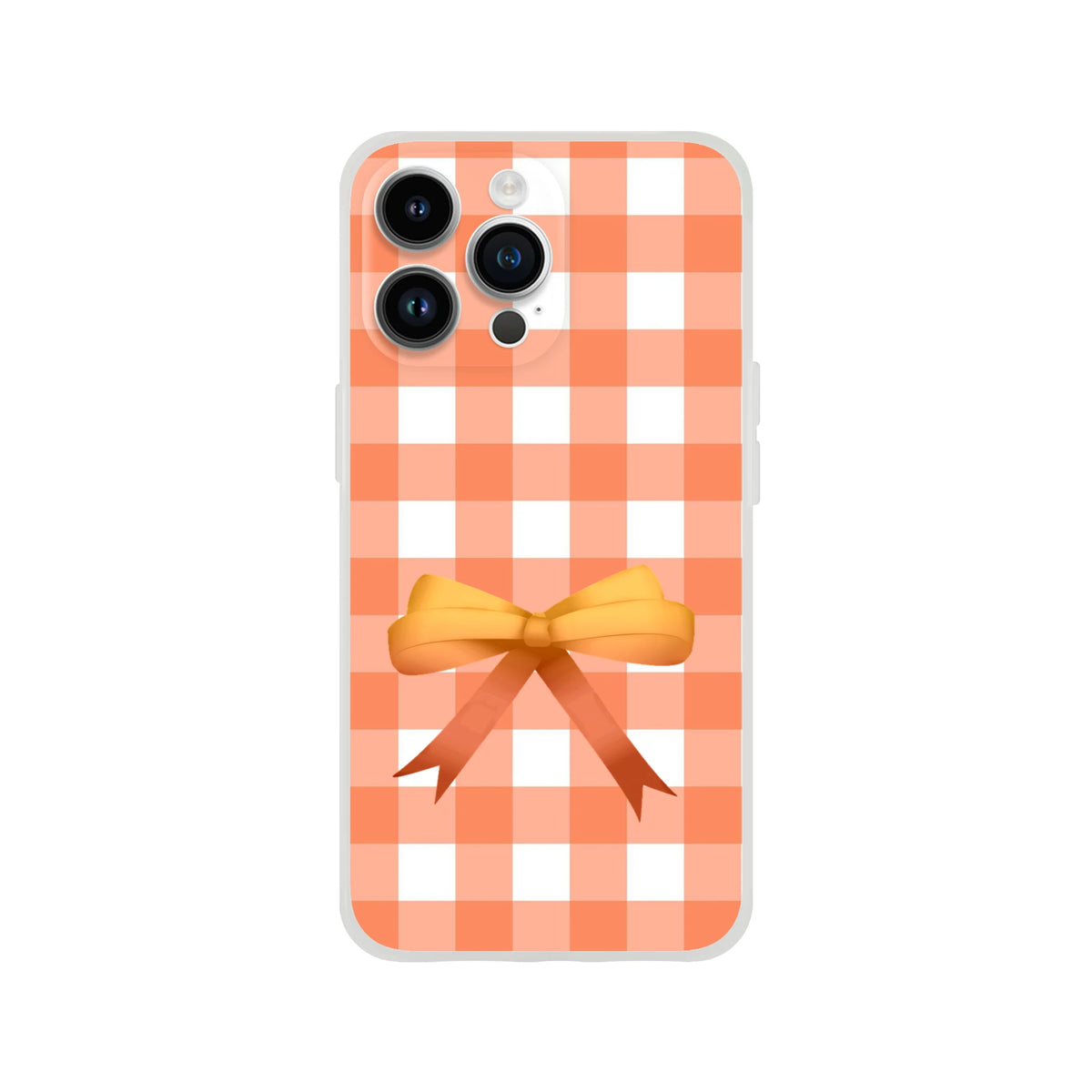 Orange gingham bow iPhone case (13-16) in a cute coquette aesthetic with vibrant checkered pattern.