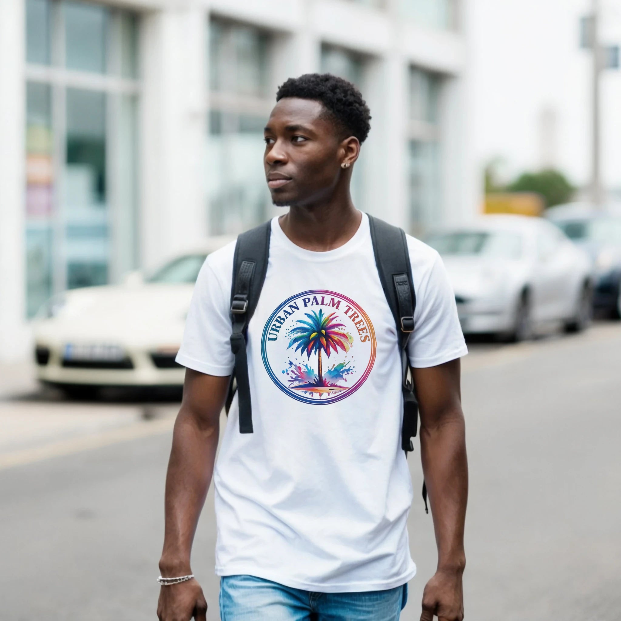 Man in white retro palm-tree graphic T-shirt with backpack on an urban street.