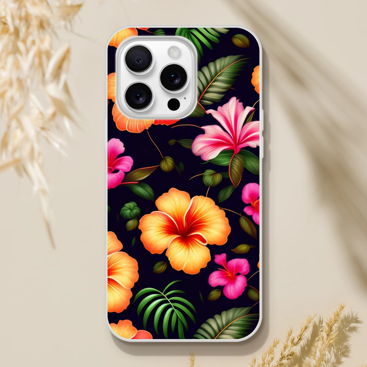 Slim matte tropical hibiscus floral iPhone case for 13–16 with bold leaves on a dark background.