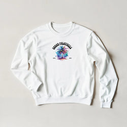 White sweatshirt with a colorful palm tree graphic and curved Urban Palm Trees text