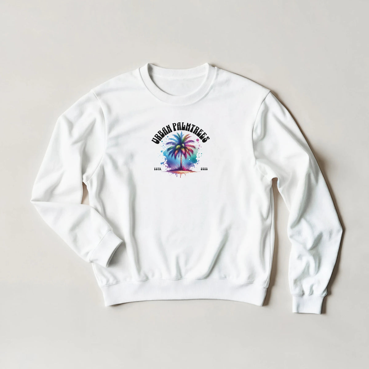 White sweatshirt with a colorful palm tree graphic and curved Urban Palm Trees text