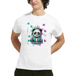 White t-shirt featuring a colorful graphic of a panda DJ with headphones and teal purple splatter art.