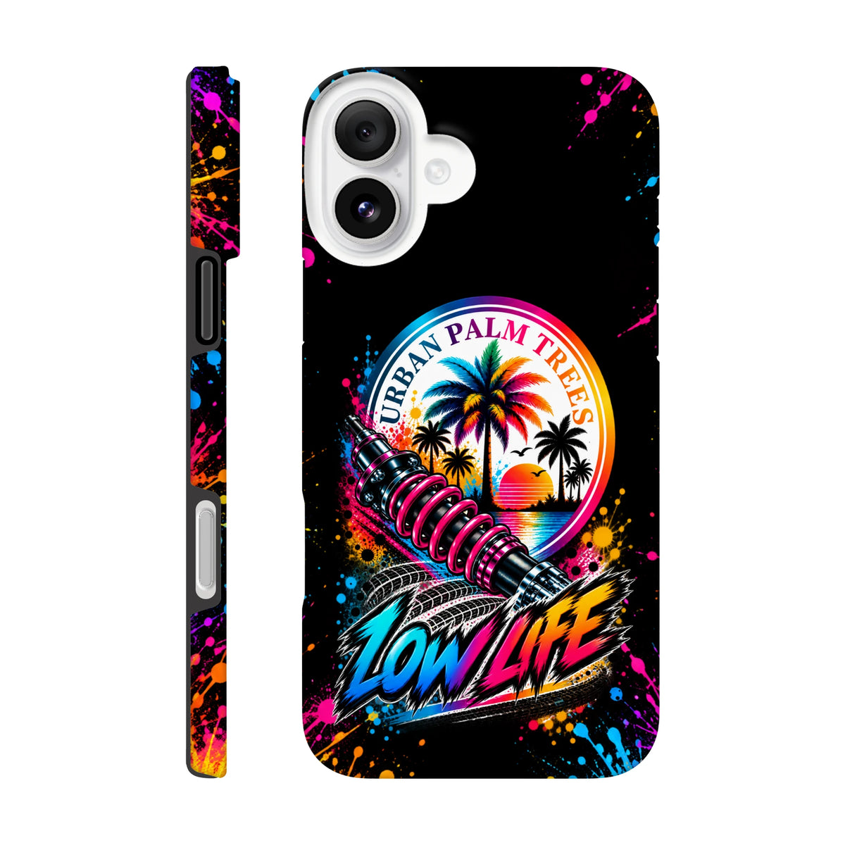 Low Life iPhone case with shock absorber, palm trees, and colorful splatter art for modified car culture.