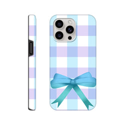 Blue and lavender gingham iPhone case featuring a 3D cyan bow. Cute coquette tough phone cover for streetwear style.