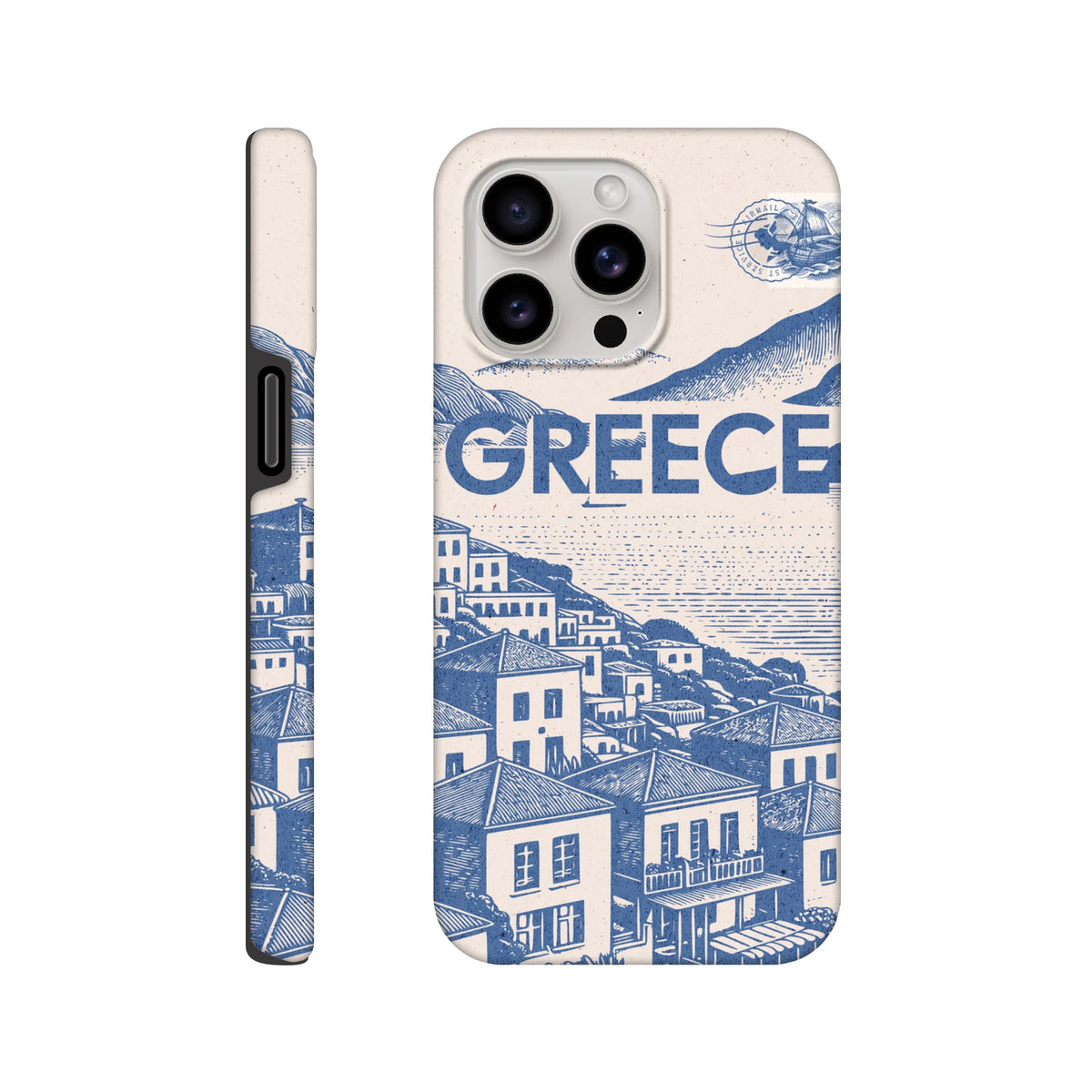 Vintage Greece iPhone case featuring a blue and cream Mediterranean village illustration with bold "GREECE" typography and a travel stamp detail.