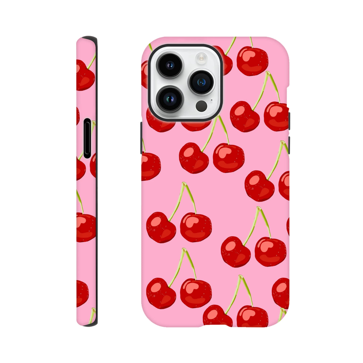 Pink iPhone tough case featuring a seamless wraparound print of cute red cherries on a soft pink background.