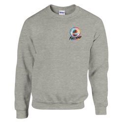 Gray sweatshirt featuring a colorful "Urban Palm Trees Full Send" chest logo with a retro palm tree graphic and rainbow sunset details.