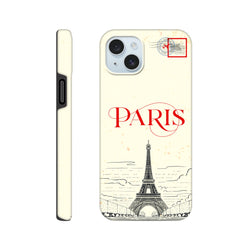 Vintage Paris iPhone case featuring an Eiffel Tower sketch, red typography, and a travel stamp graphic on a cream background.