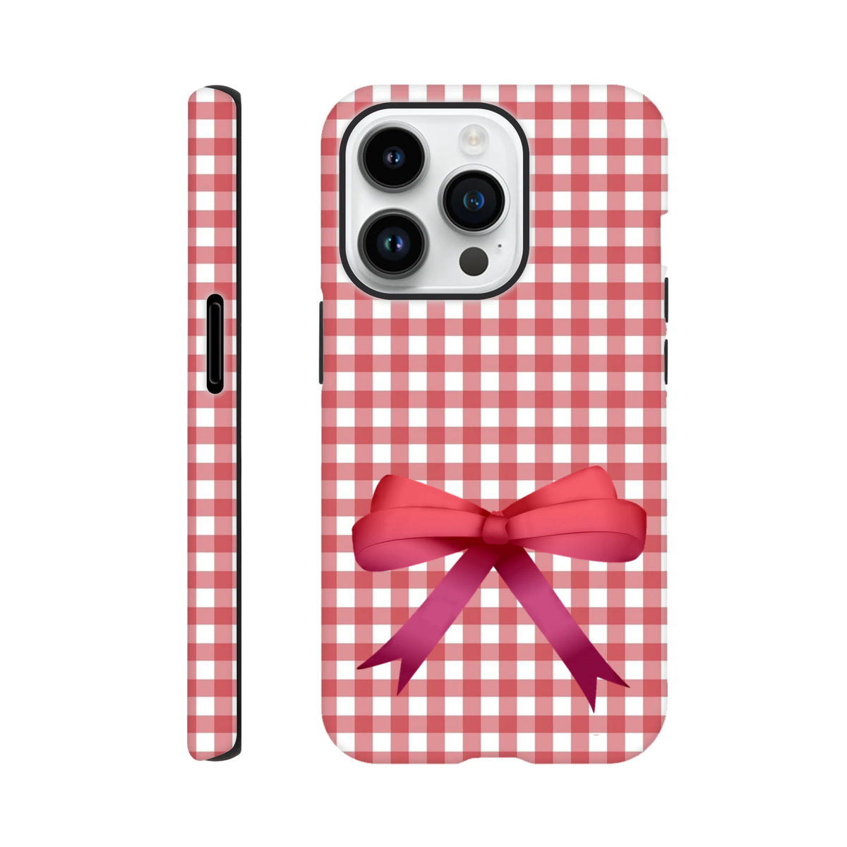 Red gingham iPhone case with a large pink coquette bow, featuring a tough protective design for iOS 13-16 devices.