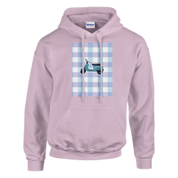 Pink retro scooter hoodie featuring a vintage teal bike graphic on a blue and purple gingham background.
