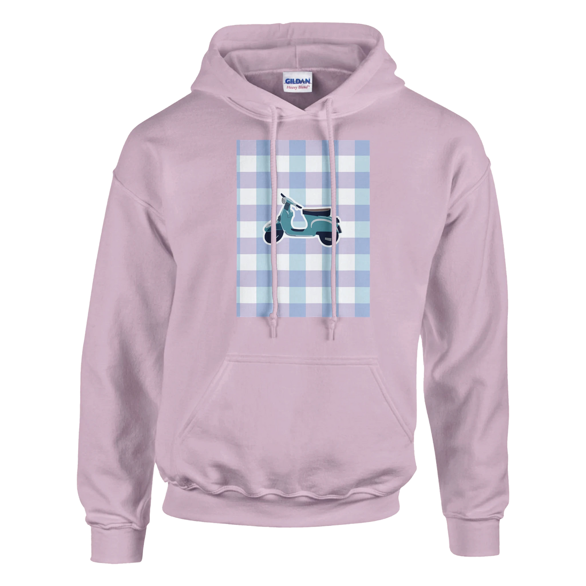 Pink retro scooter hoodie featuring a vintage teal bike graphic on a blue and purple gingham background.