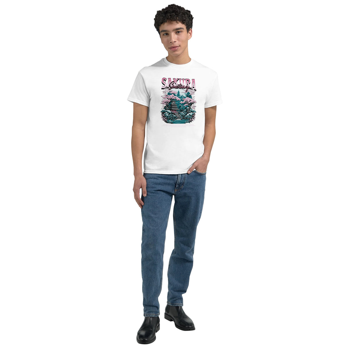 Male model wearing white Japanese Sakura graphic T-shirt with cherry blossoms and a pagoda.