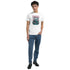 Male model wearing white Japanese Sakura graphic T-shirt with cherry blossoms and a pagoda.