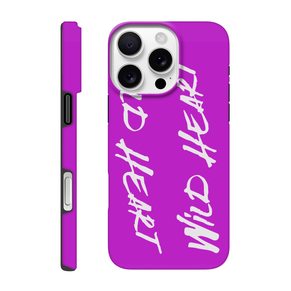 Vivid purple iPhone case with white Wild Heart graffiti slogan. Tough shock-absorbing streetwear cover for iPhone 13-16 series.