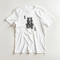White men's gothic streetwear tee featuring a crowned King Skull poker graphic and grunge typography.