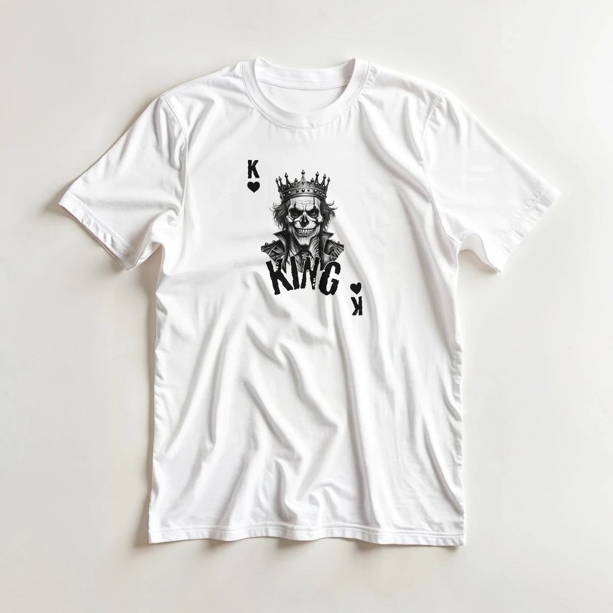 White men's gothic streetwear tee featuring a crowned King Skull poker graphic and grunge typography.