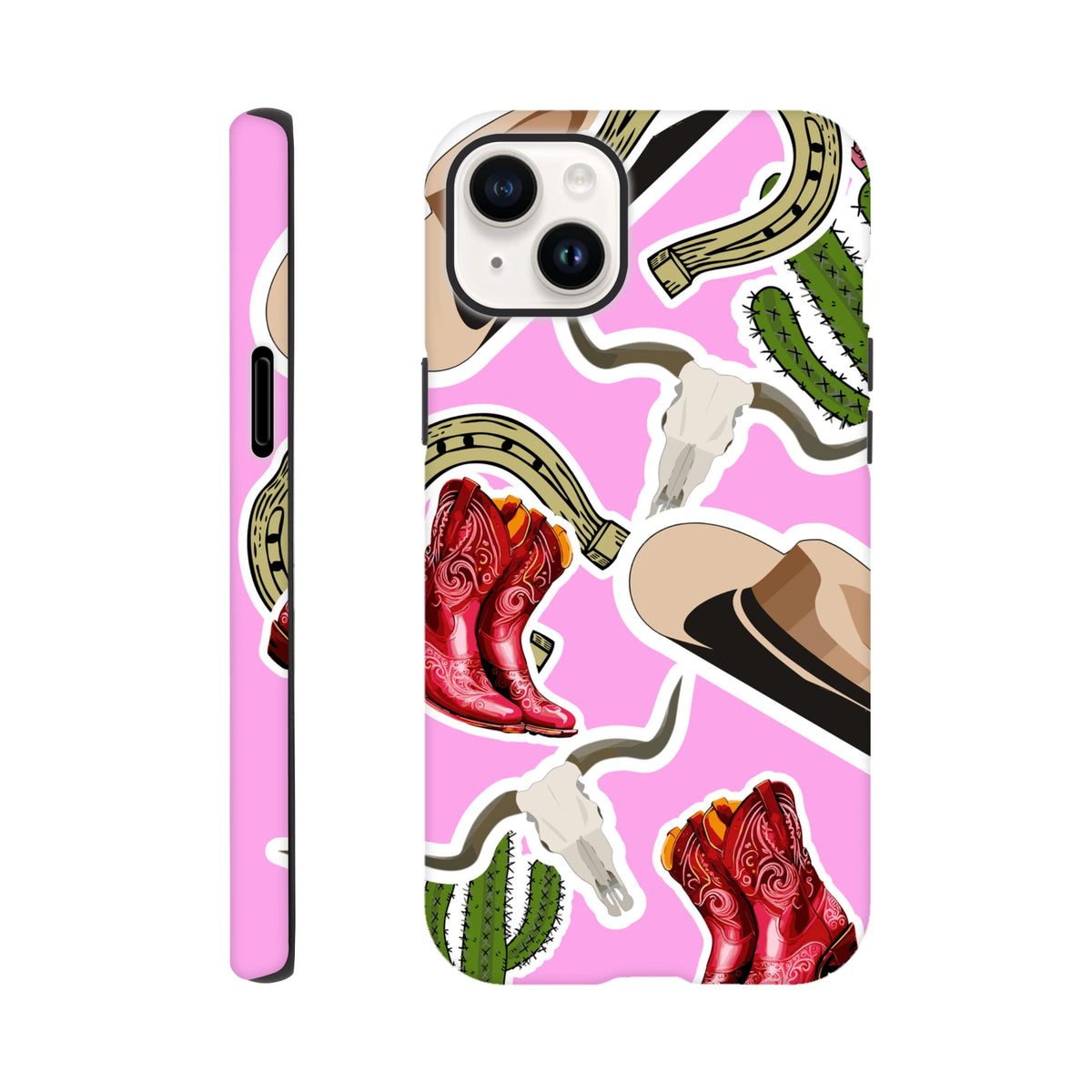 Pink western phone case featuring cowboy boots, cactus, horseshoe, and cowboy hat designs on a vibrant pink background.