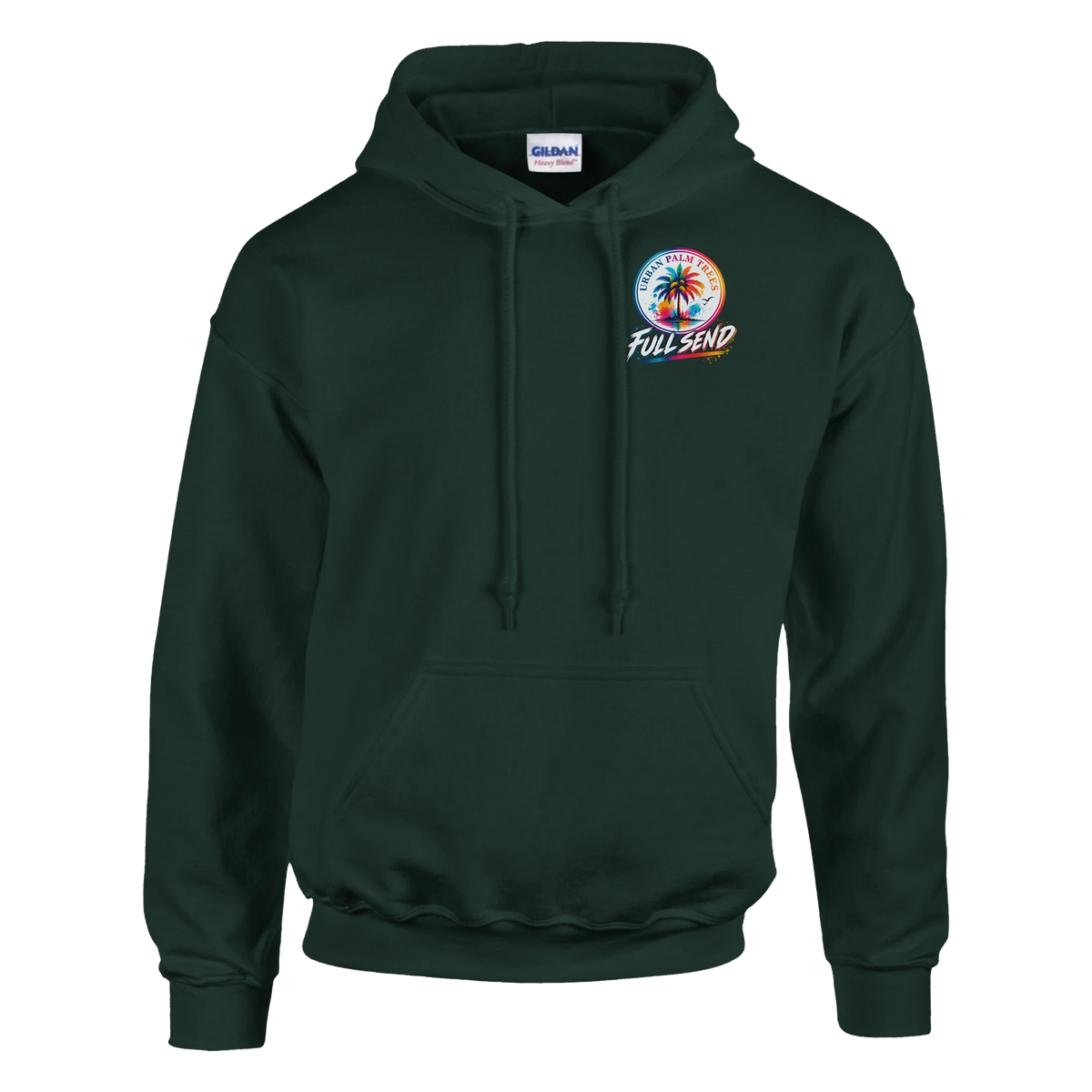 Dark green Low Life Petrolhead hoodie for men featuring a colorful Urban Palm Trees Full Send graphic and front pouch pocket.