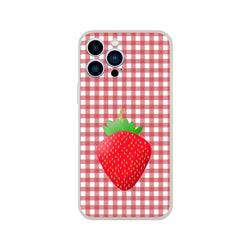 Pink strawberry gingham iPhone case for iPhone 13-16 with a matte finish and strawberry graphic.