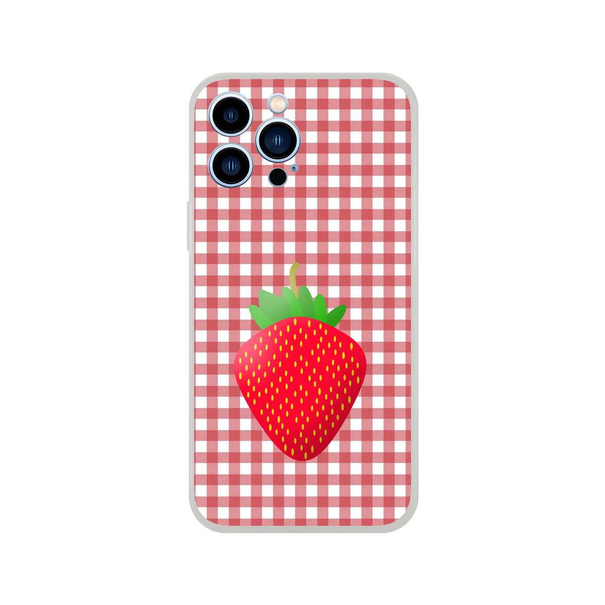 Pink strawberry gingham iPhone case for iPhone 13-16 with a matte finish and strawberry graphic.