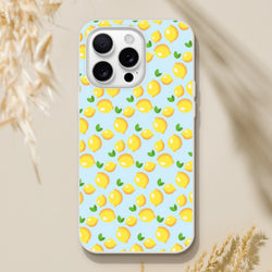 Cute mini lemon pattern iPhone case for 13–16, blue aesthetic citrus design with yellow lemons.