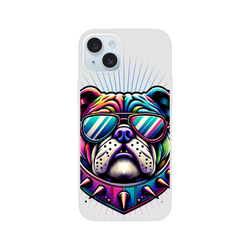 Slim transparent iPhone case with a colorful bulldog wearing mirrored sunglasses for 13-16.
